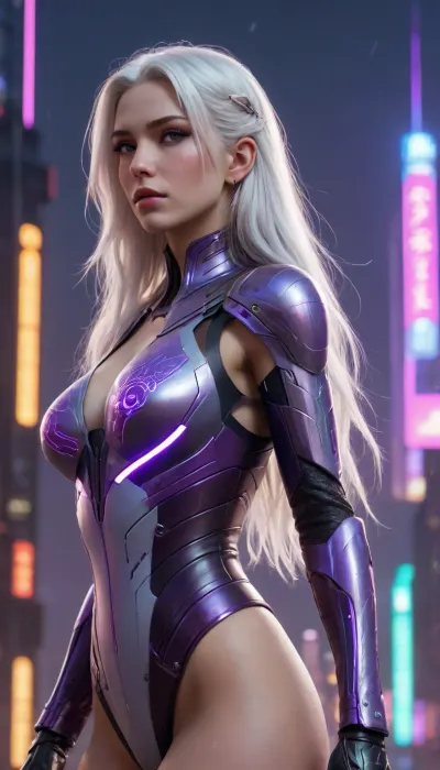 A beautiful woman with long, flowing white hair streaked with vibrant purple, adorned in intricately designed futuristic armor, stands defiantly atop a towering skyscraper overlooking a sprawling cyberpunk city. Neon lights illuminate the rain-slicked streets below, casting a mesmerizing glow upon the futuristic landscape. Rendered in the style of WLOP and Alphonse Mucha, with dramatic lighting and a rich, ethereal color palette, this artwork captures the essence of cyberpunk beauty, trending on Artstation in 8k resolution with Unreal Engine 5 volumetric lighting.