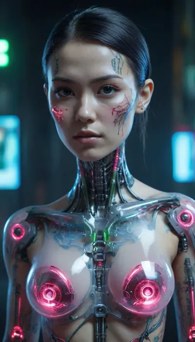 zoomed out full body portrait, ((Asian cyborg girl with partial transparent skull with visible wires and red plasma inside her skull:1)), human face with many face scars and many tattoos, robotic skeleton with pink lights and green lights and blue lights, robotic feet with lights, (holding long plasma gun:.5), cyberpunk street, <lora:PAseer-SDXL-Transparent Robot:.5>