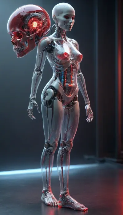 full body portrait, show robotic feet, ((Asian cyborg girl with partial transparent skull with visible wires and red plasma inside her skull:1)), <lora:PAseer-SDXL-Transparent Robot:.5>