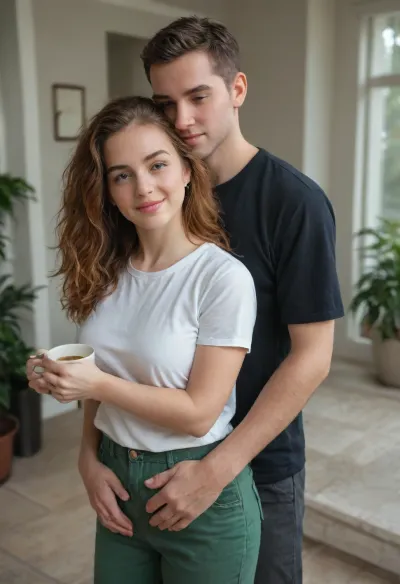 is holding, She is positioned slightly to the left of center in the image, and is facing forward, looking down . A man is behind the girl, his arms are around her, standing very close, (((He is fully dressed))), (((She is fully dressed))), She has shoulder-length dark ginger vawy thick and lush hair and is wearing a blue t-shirt and a green shorts. She appears to be of average build, 160 cm tall. The woman is smiling peacefully. The man’s expression is gentle. He is wearing house pants and a t-shirt, man is 35 yo, man is 175 cm tall, she is 35 yo, She has a large breast, (((D cup))), <lora:SDXL1.0-LoRa_Zeitgeist-Series-by-AI_Characters_Style_Photographic-v2.0:1.5>, NEGATIVE_HANDS, hugging