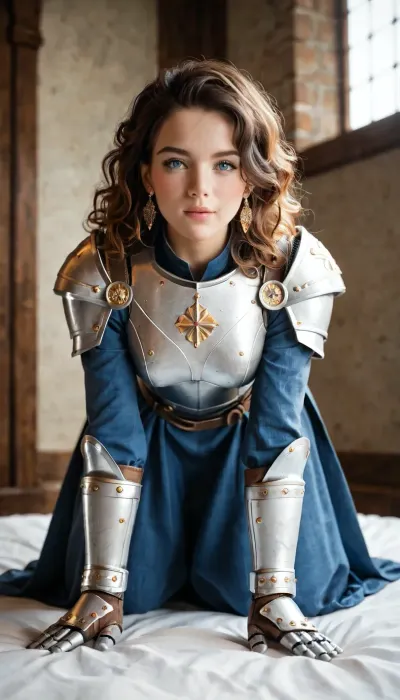 robotic warrior step sister compact body, force glair, warriors spirit, energized body, perky, diagonally on all fours bulldog posture, curled toes, robotic enhanced clothing, fully clothed, medieval world, cheating robotics technology fantasy world
