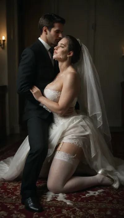 (huge massive bukkake face:1.9), (man and woman's face full of thick sticky cum facial:1.9), A romantic Iranian wedding scene under a spotlight, the bride and groom share a passionate kiss. The bride is wearing a stunning, sensual white wedding outfit, a deep V-neck bridal dress with a short, shiny satin skirt, sheer white stockings, and an elegant white garter belt. Her outfit is both classy and irresistibly attractive, with delicate lace details and high heels. The groom is in a sharp, tailored black suit and white shirt, looking at her with deep affection. The background is softly lit, with rose petals falling, creating a dreamy, cinematic mood., <lora:dark:.8>, reij-snrs, light, and, shadow, by, <lora:sunriseSDXL-000009:.8>