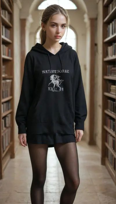 masterpiece, best quality, absurdres, very aesthetic, QuarryEmma, 1girl, library, standing, ponytail, long blonde hair, hazel eyes, oversized black hoodie, skirt, mid-thigh skirt, black tights, shapely legs, sun-kissed skin, thick black pantyhose, breasts, waist, soft lighting, depth of field, playful expression, friendly tease, unaware of crush, kind, caring, golden hour, natural light, captivating gaze, detailed skin texture, realistic proportions., ohwx, woman, <lora:myers__dh_128_sdxl_v1b:1.5>