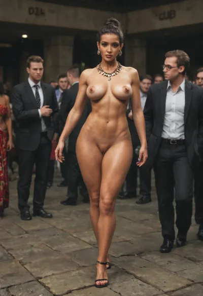 Very tall Caucasian woman in an African tribe, 8k, large drooping teardrop breasts, nude, tribal necklace, professional photography, brunette, bobbed haircut, full body view, long shot, high quality, HDR, soft light, washed out colors, grainy, sharp focus, big hips, (shaved vagina:1.4), visible feet, female tribal crowd, realistic faces, detailed faces. men are erect