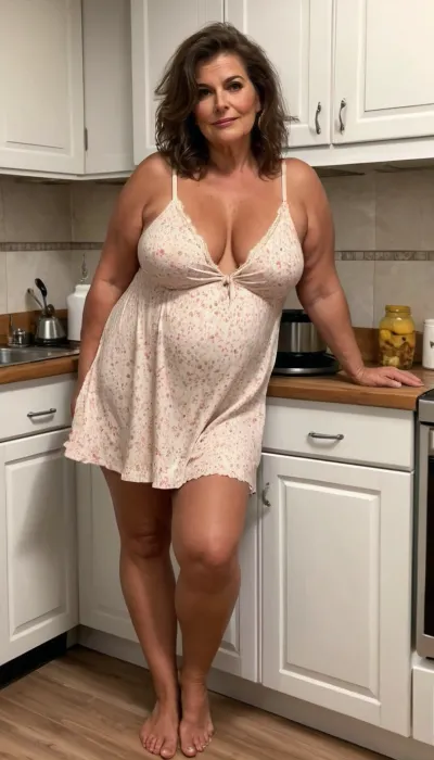 old cute charming granny, sexy 65 years, brunette, medium hair, tan skin, after sleep, messy hair, at the kitchen, wide hip, big culottes, fat bbw chubby, very tall, long legs, thick legs, extreme small tiny boobs, very tiny little tits, selfie, full body view, looking at the camera, sexy cute in love face, very cute an charming, very sexy short nightgown