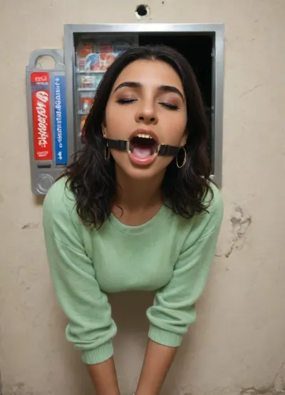 (glory wall:1.2), (bust and head sticking out of vending machine with metal rim:1.3), (muslim turkish girl trapped in hole in wall:1.5), (dark green cashmere pullover:1.1), (wide mouth spreader ring gag:1.2), alone, (from side), (leaning forward:1.4), horny, happy, eyes closed, (free standing metal box, vintage vending machine:1.1), (box is low mounted, close to floor), (score_9, score_8_up, score_7_up, UHD 8K, masterpiece, best quality, maximum details, natural light, extreme realism, cinematic still)
