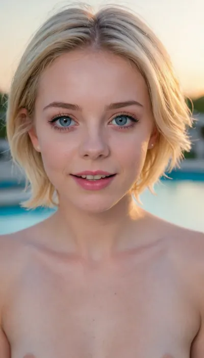 (Intricately detailed), 4K, (UHD), (HDR), poolside, (small frame 18yo, cute young adult, flat chested, nude, innocent face, young face, (makeup), gorgeous soft blonde short hair, blue eyes, close up, pale skin, very bright lighting, hard puffy nipples, focus face and male flat chested tits, sexy face, happy, excited eyes), flat, chested, <lora:flat_chested_v3.5:.8>