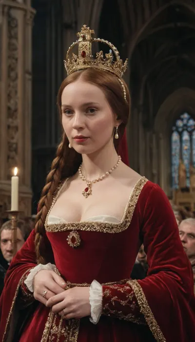 Style of Holbein the Younger, (((hyperrealistic painting))), Anne Boleyn's coronation, Anne, a young woman with auburn braids and large breasts, pearls, big crown and a crimson velvet gown, holds a scepter in Westminster Abbey. The background is blurred, showing crowd courtiers. Wide angle, emphasizing Anne, <lora:491360_training_data:.8>, <lora:mgl_Painters_009_Hans_Holbein_the_Younger:.8>, <lora:xl_more_art-full_v1:.8>