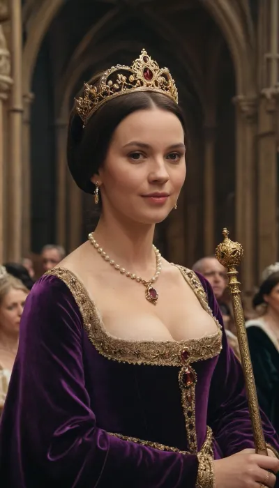 Style of Holbein the Younger, (((hyperrealistic painting))), Anne Boleyn's coronation, Anne, a young woman with dark black braids, swart skin and large breasts, pearls, big crown and a purple velvet gown, holds a scepter in Westminster Abbey. Smiled. The background is blurred, showing crowd courtiers. Wide angle, emphasizing Anne, <lora:491360_training_data:.8>, <lora:mgl_Painters_009_Hans_Holbein_the_Younger:.8>, <lora:xl_more_art-full_v1:.8>
