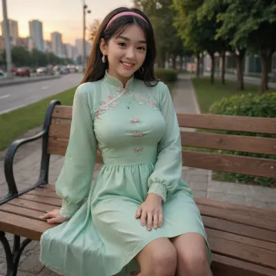 ((A beautiful Chinese young girl, 20 yo)), ((sit on a bench)), (smile, happy face, white teeth), (full body view), (in a city park, morning sunrise), (long straight black hair, pink hair band, long sleeve light green dress with embroidery), big breast, thick legs, thick arms