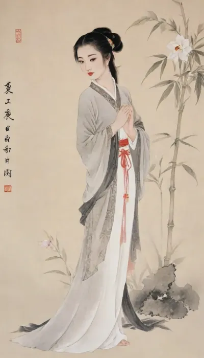 1girl, ancient Chinese female, nude, (traditional Chinese gongbi painting style:1.3), (Chinese guohua style:1.2), delicate and intricate details, (elegant pose:1.2), standing gracefully, (long flowing black hair:1.2), (pale smooth skin:1.2), (subtle ink wash shading:1.3), (fine brushwork:1.3), (traditional Chinese art aesthetic:1.2), (minimalist background:1.2), (bamboo and orchid motifs:1.1), (soft muted colors:1.2), (calligraphic elegance:1.1), highres, ultra-detailed, 8k wallpaper, (realistic proportions:1.2), (solo:1.2), lora, (gongbiPainting:.8), (ancientChineseFemale:.6), hanfu, MOGUHUANIAO, <lora:Chinese painting_shinvhua_国画_仕女_V1.0XL:1.9>, <lora:mogu-painting-花鸟篇-sdxl_v1:1.9>