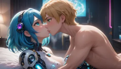a blue haired cyborg, (blue hair, turquoise eyes), kissing a blonde male in a bedroom, from the side