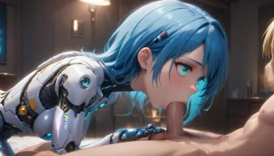 a blue haired cyborg, (blue hair, turquoise eyes), gives a blowjob to a blonde male in a bedroom, from the side