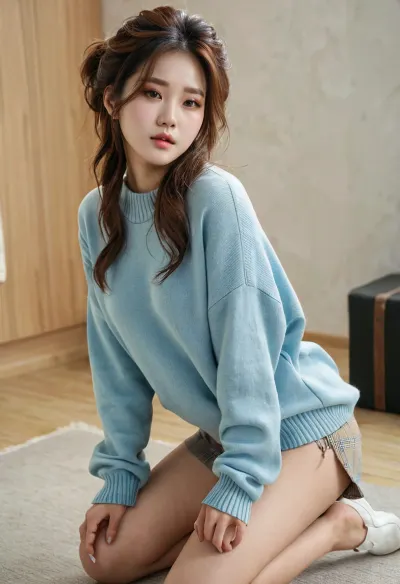 ((Bae Joo Hyun woman)), ((messy hairstyle)), ((18 years old)), ((high detailed body)), ((high detailed clothes)), (photorealistic:1.4), Best quality, masterpiece, ultra high res, sweater, bottomless, kneeling, small ass