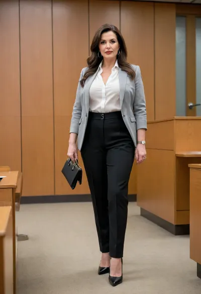 ((nonnude, fully clothed)), chubby 65 yo old mature brunette female lawyer, (very sagging, veiny long tits:1.25), pale skin, wide hips, slim waist, brunette hair, long hair, in a dark Business suit with matching high-waisted, (long trousers), (white blouse, cleavage), in a professional Business suit with trousers, and open blazer, ((pointy black high heels, large silver hoop earrings, nonnude)), in a courtroom
