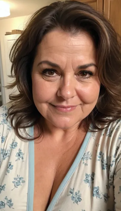 old cute charming mature, sexy 65 years, brunette, medium hair, tan skin, in the morning after sleep, messy hair, at the kitchen, fat bbw chubby, very tiny little tits boobs, face focus selfie, looking at the camera, sexy cute shy smile face, very cute an charming, very cute pyjamas