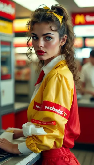 Beautiful young woman working at a McDonald's in 1984, unbuttoned short, McDonald's uniform, 1980s styles and hair, plump lips, sweaty, covered in sweat, big ass, ((perky butt)), muscular ass, toned ass, but, <lora:MJ52:.5>, <lora:BUT_SDXL_SHS:.5>