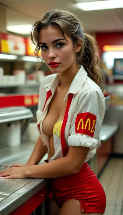 Beautiful young woman working at a McDonald's in 1984, unbuttoned short, McDonald's uniform, 1980s styles and hair, leaning over the counter, cleaning the counter with a rag, plump lips, sweaty, covered in sweat, big ass, ((perky butt)), muscular ass, toned ass, but, <lora:MJ52:.5>, <lora:BUT_SDXL_SHS:.5>, downblouse, nipslip, <lora:RealDownblouseXL2:.8>