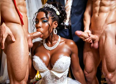 masterpiece, partially clothed bride getting gangbanged at wedding ceremony, african woman, perfect face, pretty eyes, thick lips, round tits, wide hips, narrow waist, fat ass, gang bang, deepthroat, doublepenetration, wedding ceremony