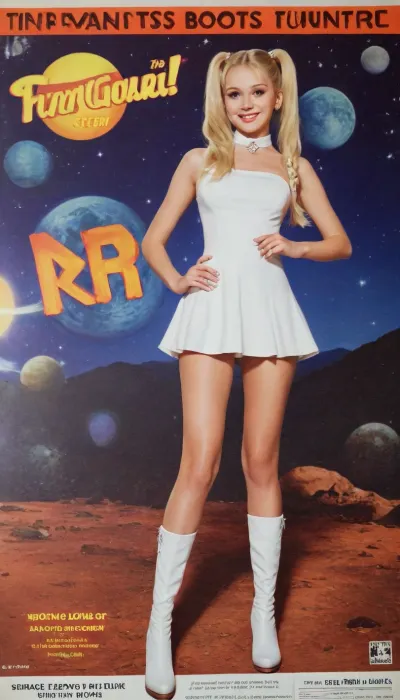 magazine white cover, bright, fantastic, stars, moons, space, comets, planets, science, blasters, retrofiturism, 8k, UHD, retro, widely, smiling, russian blonde, magazine cover, petite body, pigtails, beautiful blonde 18 years old, posing, white tight dress, white high boots, high heels, poster, VintageMagStyle, hhpointedboots, boots, repa, funtika, AtompunkSDXL, <lora:206390_training_data:.8>, <lora:SDXL-VintageMagStyle-Lora:.7>, <lora:Old_Sci-fi-SDXL:.8>, <lora:993503_training_data:1.6>