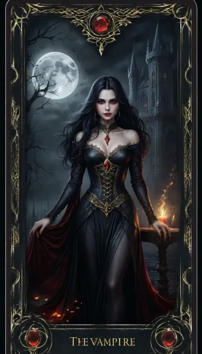 UHD 8K, extreme realism, maximum detail, pretty woman. score_9, score_8_up, score_7_up, score_6_up, beautiful face. A detailed gothic tarot card titled "The Vampire". The card has an ornate golden gothic border. At the top, the card reads "The Vampire", and at the bottom "Dark", both in elegant gothic lettering.

In the center is a stunningly beautiful and sensual vampire woman. She has porcelain-pale skin, long flowing black hair, and glowing ruby-red eyes. She wears a tight, black, elegant dress with a plunging neckline and silk-like texture. Her expression is seductive with a mysterious smile.

The background is a medieval night scene, an ancient castle in the distance, a full moon casting pale light, dead trees, and a misty fog surrounding everything. The atmosphere is mysterious and darkly powerful.

The art should be realistic, with dramatic lighting, strong shadows, and high contrast. Dominant colors, deep red, gray, and gold. Ultra HD quality.. Ultra HD, gothic tarot card style. Ultra HD magical tarot card illustration., <lora:detailed_notrigger:.8>, <lora:edrtcard:.8>, <lora:add-detail-xl:.8>, detailxl, <lora:DetailedEyes_V3:.8>