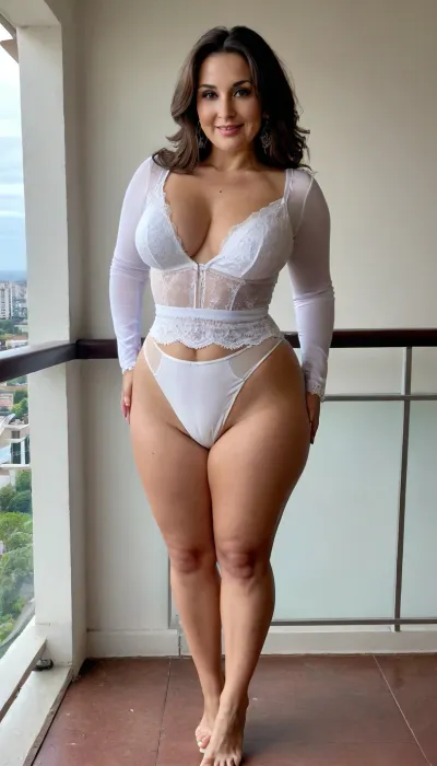 sexy 50 years old milf, dark brunette, long straight hair, tan skin, glamour, big hoop earrings, necklace, wide hip, thick body, very thick legs, very chubby, small tiny saggy tits, very small tinny saggy boobs, at the balcony, selfie, full body view, looking at the camera, big culottes, sexy naught horny smile face, charming, very hot and horny, extreme very high waisted sexy white lingerie, the most high waisted underpants lingerie in the world, hyper super higher waisted lingerie ever, long sleeve bride lingerie, huge culottes, side and back body view, bridal costume, bride costume, sexy bride, showing her back body, back view
