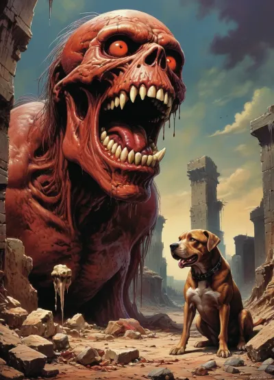 Apocaliptic world, ruins, dog, red eyes, saliva, gnawing large bone, style, of, drawix9, dwx9, NEGATIVE_HANDS, Richard, Corben, Style, <lora:tbh235-sdxl:.8>, <lora:drawix9:.8>, <lora:Richard Corben Style:.8>