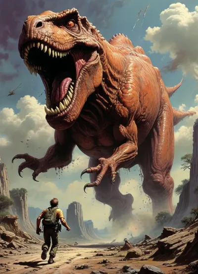 floating, Man running before tyrannosaur, style, of, drawix9, dwx9, NEGATIVE_HANDS, Richard, Corben, Style, <lora:tbh235-sdxl:.8>, <lora:drawix9:.8>, <lora:Richard Corben Style:.8>