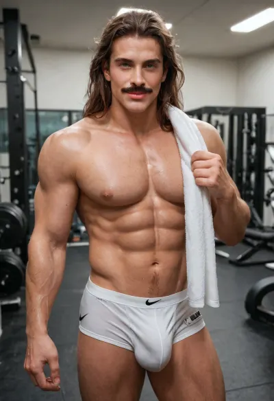 Sexy lean man, 30-years-old, long brown hair, (long hair:1), short mustache, abs, sexy lean body, handsome face man, nice jawline, clear green eyes, big lips, sexy man, short hairy body, standing, sexy attitude, looking the viewer, shy smile, wearing tight Nike underwear, big bulge, (big bubblebutt:1.3), in gym room, a towel on right shoulder, holding the towel