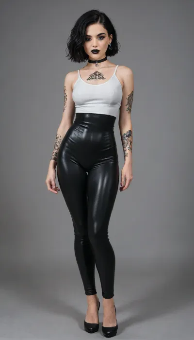 Goth, (full body visible, Front View, standing), (pale skin:1.75), (body type fit:1.7), narrow face, thin neck, (bobcut hairstyle), black hair, (round ass:.9), (big tits:1.2), ((heels strips), ((leggings, transparent jumpsuit)), (Arms tattoo), pubis tattoo, black choker, (goth make-up:1.3), black lipstick)