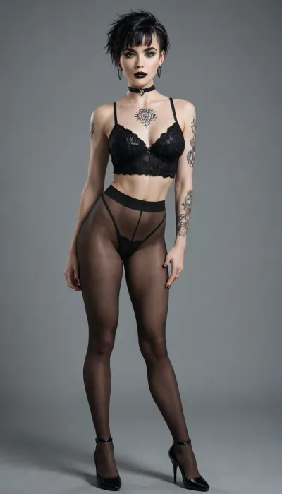 Goth, (full body visible, standing, arms behind), (pale skin:1.75), (body type fit:1.7), narrow face, thin neck, (buzzcut hairstyle), black hair, (big hips:1.3), (big tits:1.2), ((heels), ((high waist pantyhose, transparent top)), (Arms tattoo, chest tattoo, stomach tattoo), black choker, (goth make-up:1.3), black lipstick)