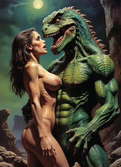 masterpiece, big lizardman holding breast frightened woman, ripped latex suit, style, of, drawix9, dwx9, NEGATIVE_HANDS, Richard, Corben, Style, <lora:tbh235-sdxl:.8>, <lora:drawix9:.8>, <lora:Richard Corben Style:.8>