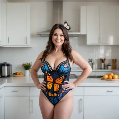 a brunette woman, 55 years old, chubby, ((with a butterfly costume)), round belly, long straight hair, inviting smile, in a white modern kitchen, (no makeup), pale skin, (photorealistic)