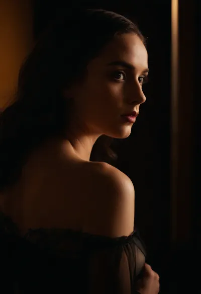 seduction, femininity, desire, romance, anticipation, intimacy, foreplay, negligee, (avant-garde snapshot aesthetic:1.4), (dark, chiaroscuro, low-key:1.2), (deep saturation, film grain, shadowy vignetting, contrasting shadows, shadow play), (perspective, framing, composition), (light leaks, bokeh), (perfect eyes, catchlights), <lora:zavy-cntrst-sdxl:1.4>