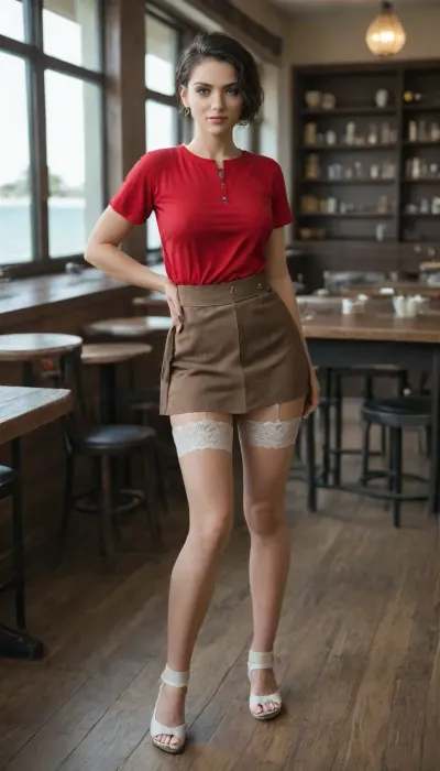 sophia is a very exciting cute girl tall very busty american woman, sensual and desirable woman, full of charm and provocation, 28 years old, ocean blue eyes, black hair, tanned complexion, tan lines, very huge boobs, highly detailed skin, 8k uhd, dslr, high quality, detailed skin texture, highly detailed hair, sharp body, highly detailed body, realistic, soft focus, incredibly detailed, highest quality, freckles, skin pores, skin imperfections, open red shirt, very low-cut, slit brown skirt Braun, very exciting, garter belt, white lace stockings, she has no panties, with overflowing breasts, pixie cut, in a cafe, full body view, seductive, vibrant hair, sexy legs, high resolution photography on a canon camera, friendly, attractive, very hot girls, sexe