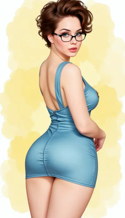 Whimsical watercolor portrait of curvaceous 49-year-old Russian female teacher in a sky-blue formal mini dress with Dark short curly hair, glasses, angry, bright makeup, ((very full lips)), ((pantylines)), huge green eyes, view from behind, Soft, diffused lighting, yellow pastel background. Art Nouveau/animation style, visible brushstrokes. Wide-angle.