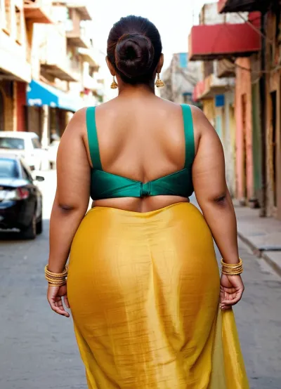 nude Pakistani BBW extremely chubby women, extreme hyper colossal wide booty, booty wider and larger than torso, hyper colossal boobs, extremely large areola, extremely puffy nipple, thin waist, muscular abs, she wears an ultra-see through silk salwar kurta, strapless, frontless off-shoulder, nipple visible, walking on street, hair style ponytail, back view