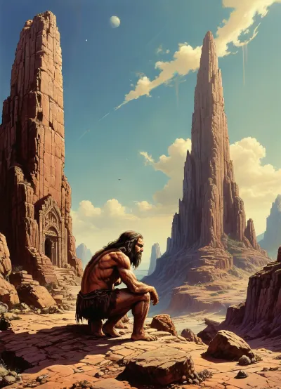 masterpiece, caveman with javelin crouching before large, ornamented monument, style, of, drawix9, dwx9, NEGATIVE_HANDS, Richard, Corben, Style, <lora:tbh235-sdxl:.8>, <lora:drawix9:.8>, <lora:Richard Corben Style:.8>