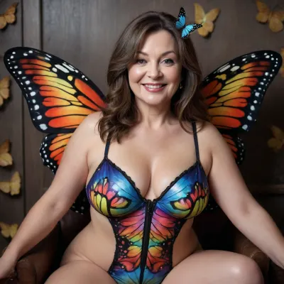 Create a cover for an album named "Butterflies", showing one brunette woman, 55 years old, chubby, ((posing in a butterfly suit)), round belly, small breasts, long straight hair, inviting smile, pale skin