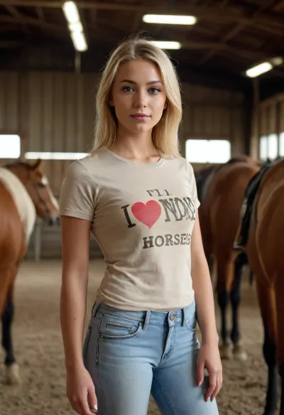 Blonde girl wearing short tight t-shirt with sign ' I, heart, Horses ' on it ständig in a horse stable