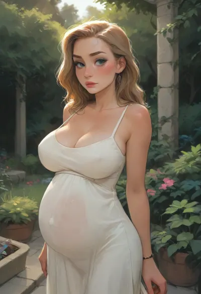 Drawing of blonde babe, in garden with friends, long blonde hair, light makeup, (freckles), ((large heavy breasts)), huge breasts, wearing a long light brown sun dress, body conforming dress, (wide hips), (pregnant:1.1), (slim), ((ratatatat74)), Anime, (Outline), (65 year old grey hair man in professional cloth holding woman), (cartoon), tooned, low color palette, sexy, (hentai), painted, (illustration), made in adobe illustrator, no gradients, ((incase style)), concept art, (flat colors), aidxlv05_neg, <lora:outline_xl_kohaku_delta_spv5x:.7>, <lora:cartoon_stickers_xl_v1:.6>, <lora:287175_training_data:1.5>, <lora:Animated_Concept:.5>, <lora:samdoesart_style_xl_v1:.5>