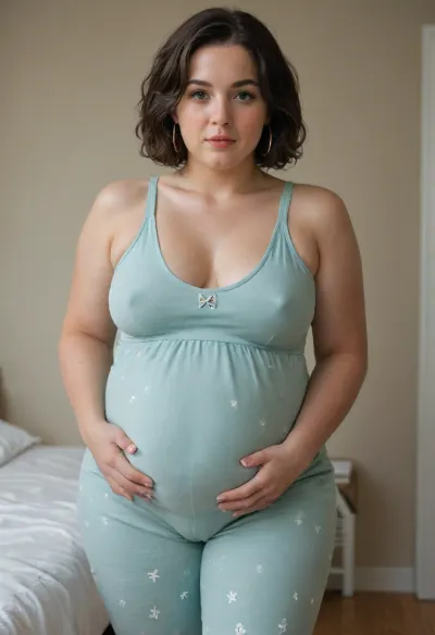 A married fifty-year-old housewife in light sleeveless one-piece pajamas with small sagging breasts, brunette bob cut, big, (wide big hips), big fupa, hoop earrings, big cameltoe, curvy, plump, belly, obese, (fupa), pregnant