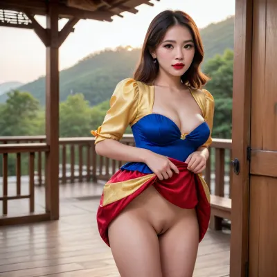 Vietnamese Snow white from Disney, Vietnamese, Vietnamese milf, Asian, 35, floor length dress with blue bodice, puffy sleeves, gold trim on the chest panel with shiny yellow skirt, red bow in hair, red lipstick, legs spread apart, on elbows and knees, exposing ass, no panties, skirt pulled up, perfect ass, shy, reluctant, seductive, face turned towards side, sunset, in front of wood cabin, perfect hands, perfect feet, golden high heels, perfect toes, focus on ass, . photorealistic, tack sharp, 4k, DSLR, breasts, cutout, clothing, nipples, <lora:2BoutOvalSDXL2-000002:.8>, skirtlift, <lora:skirtlift_xl:.8>