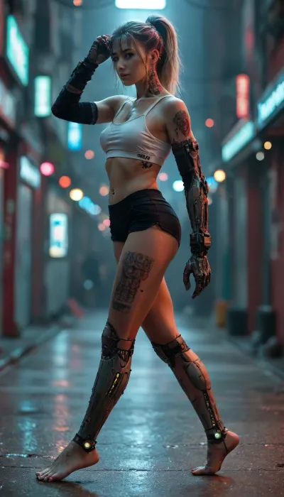 ((Asian cyborg girl:1.5)), (robotic ear, robotic left arm with pink lights, robotic leg with blue lights, robotic feet with green lights), many leg tattoos, many thigh tattoos, arm sleeve tattoo, neck tattoo, many face scars, many leg scars, many body scars, many piercings, bellybutton piercing, (30B perky human breasts), blue eyes, pink lips, platinum hair in high ponytail cyberpunk city, tongue out, (sexy standing pose, side view), wearing white sports bra, wearing black tight shorts, <lora:MJ52:.5>, <lora:BUT_SDXL_SHS:1>, <lora:289505_training_data:1>, <lora:add-detail-xl:1>, <lora:DetailedEyes_V3:1>
