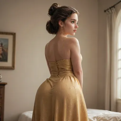Belle disney princess character, full, porn, ass, yellow discret dress, <lora:princess_xl_v2:.8>