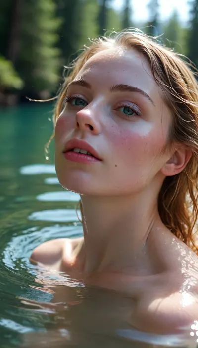Random angle shot, cinematic shot, full body shot, swimming in the water, enjoying the water, floating on the water, random sexy pose, model, modeling, supermodel, sunshine, reflections, shadows, Wide lens, 21 year old fit, random different hairstyles and hair color, deep blue eyes, detailed face, detailed expression, detailed skin, ultra real, uhd, 8k, mascular, athelatic woman, pointed nipples, puffy nipples, Virgin pussy, (((realistic pink skin))), woman in a vast lake deep in the water, surrounded by pine Trees, in the forest, wavy water, ripples, rocky edges mountains, loud moaning, orgasm. only cute small ass and tits peeking out of the water, very wet skin, detailxl, perfect teeth, <lora:MJ52:.7>