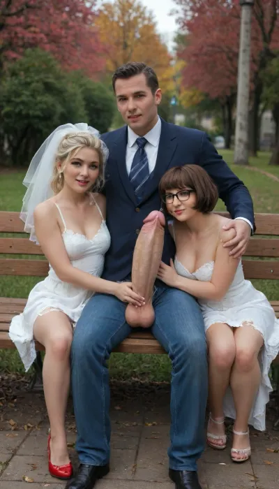 masterpiece, award winning photo, best quality, in this photo we see 3 people, 2woman and 1man, sitting on a bench in a park. 1woman is tiny Velma, brunette, big tits, very torn school uniform, very short skirt. 2woman is a bride, blonde, huge tits, very torn wedding dress. 1man is casual dressed, open jeans, huge cock out, massive cock, gigantic cock, (massive cock:1.3), .
Man is sitting between tiny Velma and Elsa. tiny Velma has her hand on cock, cum on hand, cum on legs, cum on clothes, lots of cum, cum on breasts, extreme cum play, cum on thigh, cum on hair, cum on face, cum dump, excessive cum, huge creampie.
Elsa is hugging man. full body view, man is full in frame, <lora:tornclothesv6-8:.8>
