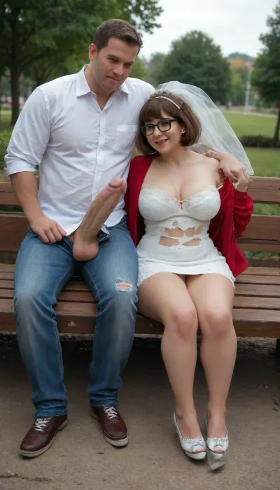 in this photo we see 3 people, 2woman and 1man, sitting on a bench in a park. 1woman is tiny Velma, brunette, big tits, very torn school uniform, very short skirt. 2woman is Elsa, blonde, huge tits, very torn wedding dress. 1man is casual dressed, open jeans, huge cock out, massive cock, gigantic cock, (massive cock:1.3), .
Man is sitting between tiny Velma and Elsa. tiny Velma has her hand on cock, cum on hand, cum on legs, cum on clothes. Elsa is hugging man. full body view, man is full in frame