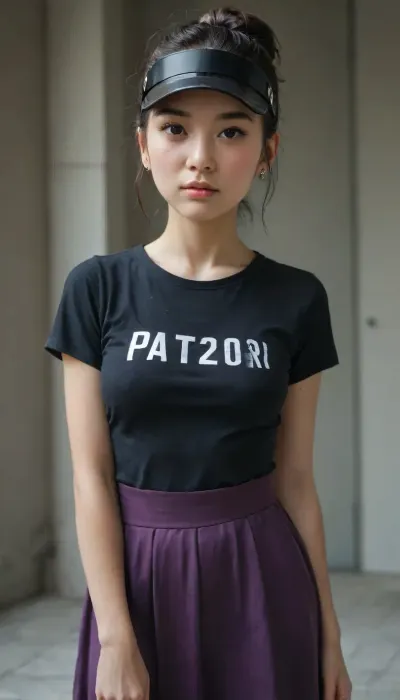 (Petite 40 year old asian woman, round face, purple skirt, hair in a bun, black visor, black t-shirt)