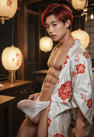 Only gay sex scene, a young small 18-years-old boy, japenese boy, beautifull face, leany body, short red hair, (short hair:1.3), (red hair:1.2), shaved, no beard at all, hairless body, bottom boy, big lips mouth, (big lips:1.2), (big bulge:1.1), small round butt, (bubblebutt:1.2), sexy asian guy, (asian boy:1.7), (asian eyes:1.7), wet clothes, Open long kimono, ornate kimono fundoshi, piled body, standing in old japenese dojo setting, golden lights, penis peeking out, only gay, sexy hot picture, sexy poses for the viewer, solo picture, only gay boy, exhib boy, hot sexy teasing boy